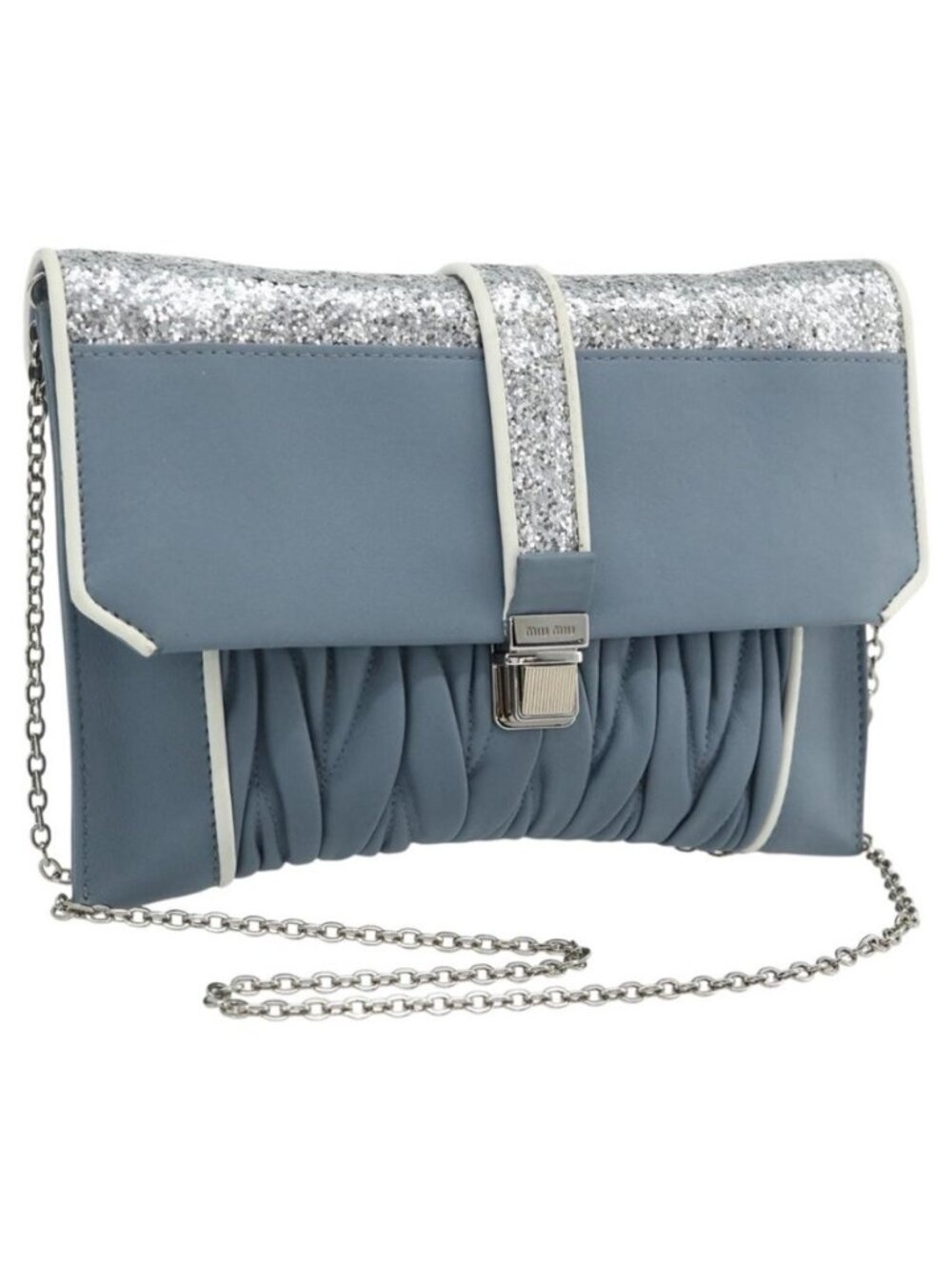 Authentic Miu Miu Matelasse Chain Shoulder Bag Leather Light Blue Silver